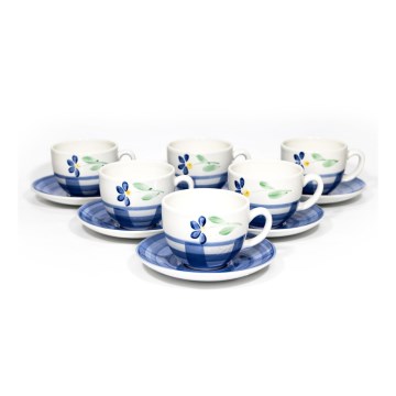 Servizio da caffè 6 tazze in ceramica con piattino bianco blu