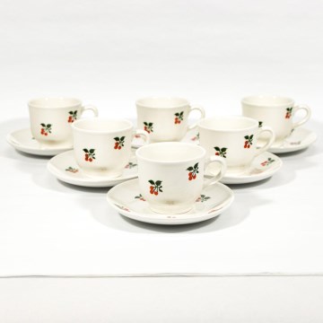 Servizio da caffè 6 tazzine in ceramica con piattino bianco con motivo ciliegia