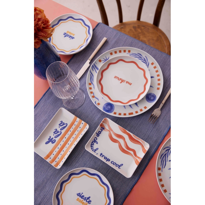 Servizio da tavola 12 pezzi, rosso/blu/bianco, in porcellana