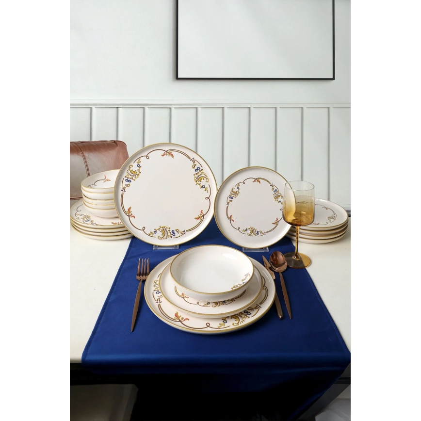 Servizio da tavola 18 pezzi crema/oro in ceramica
