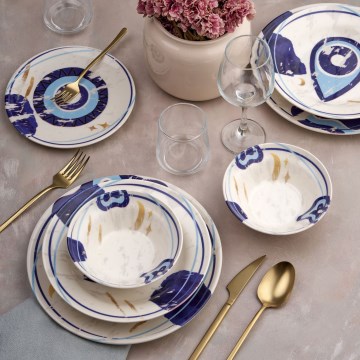 Servizio da tavola 24 pezzi, bianco/blu, in ceramica