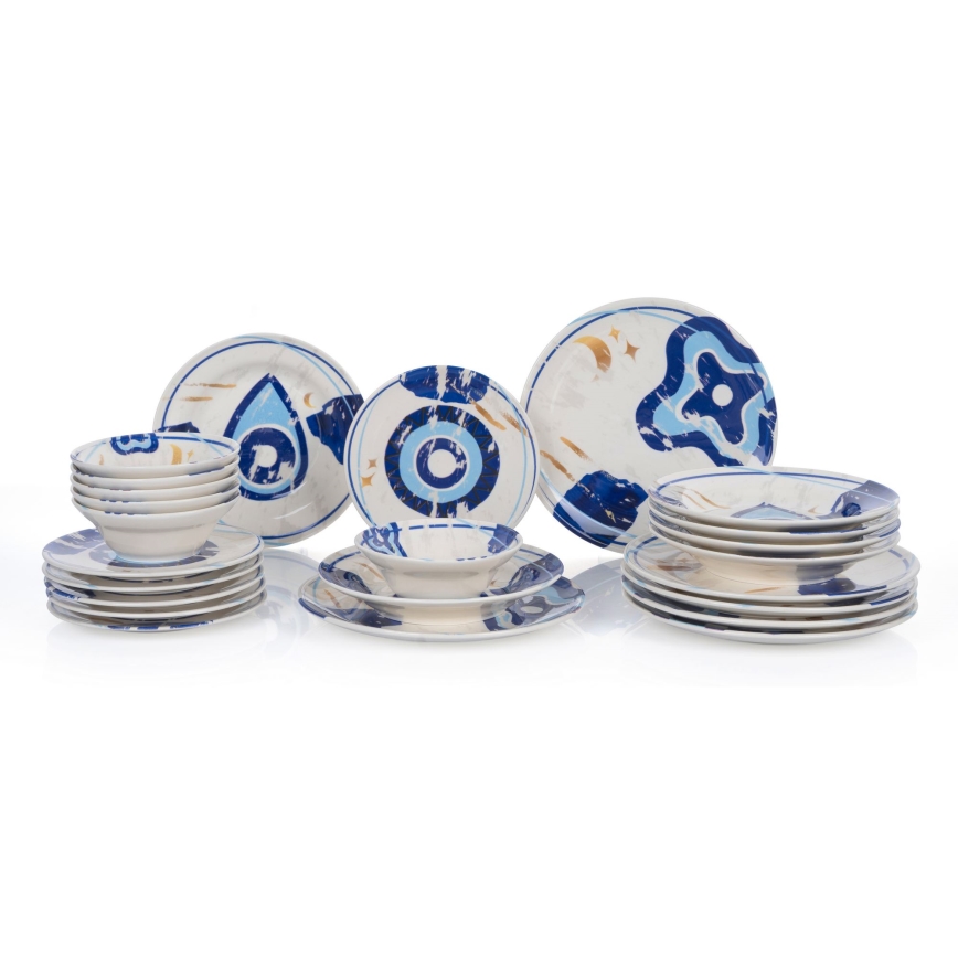 Servizio da tavola 24 pezzi, bianco/blu, in ceramica