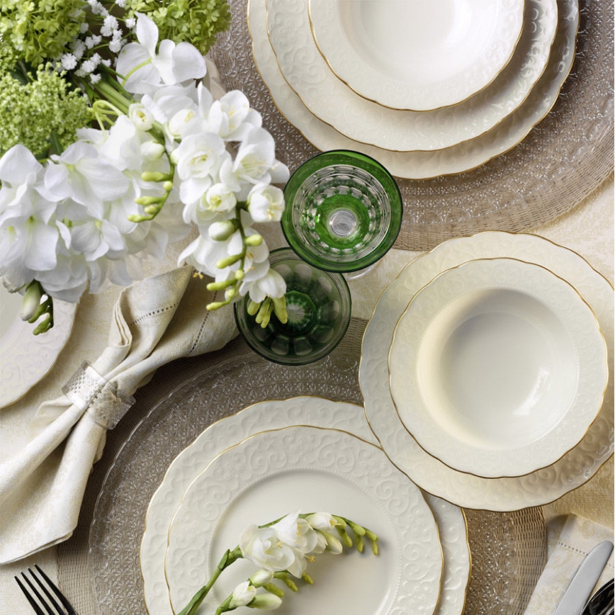 Servizio da tavola 24 pezzi, bianco/oro, in porcellana