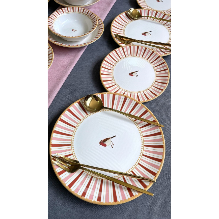 Servizio da tavola 24 pezzi, bianco/rosso/oro, in ceramica