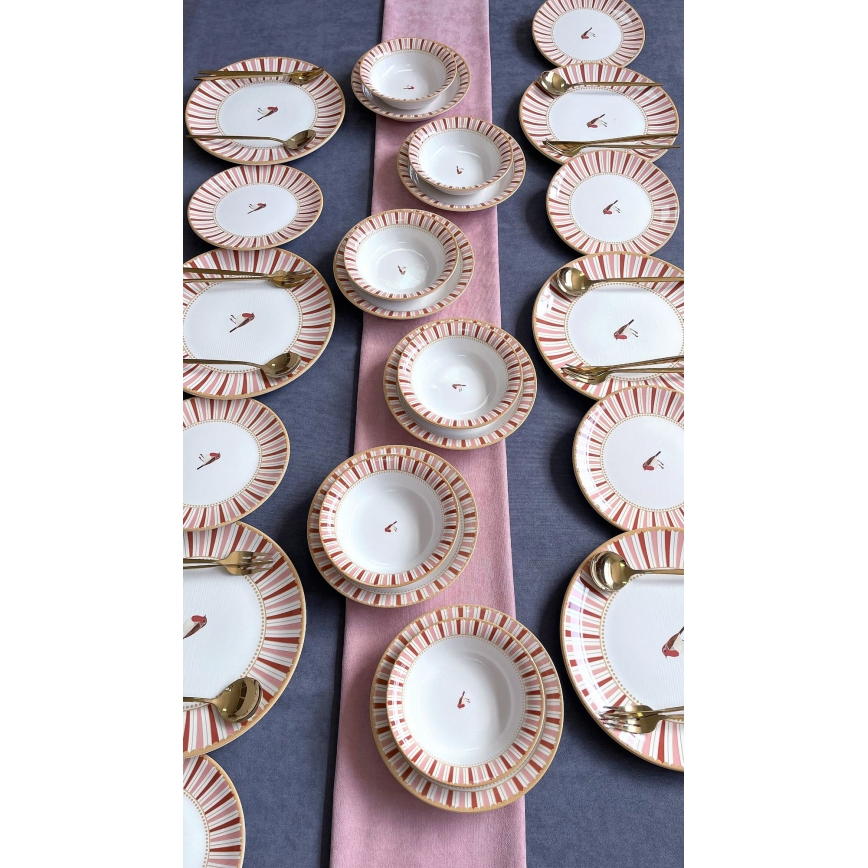 Servizio da tavola 24 pezzi, bianco/rosso/oro, in ceramica