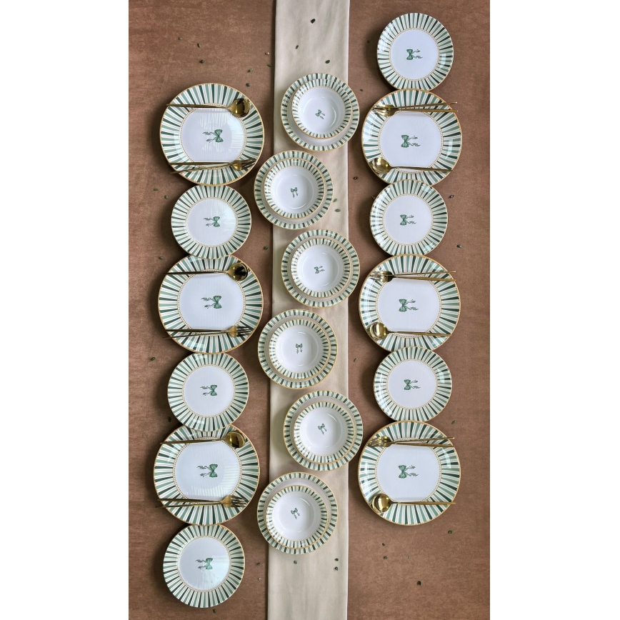 Servizio da tavola 24 pezzi, bianco/verde/oro, in ceramica