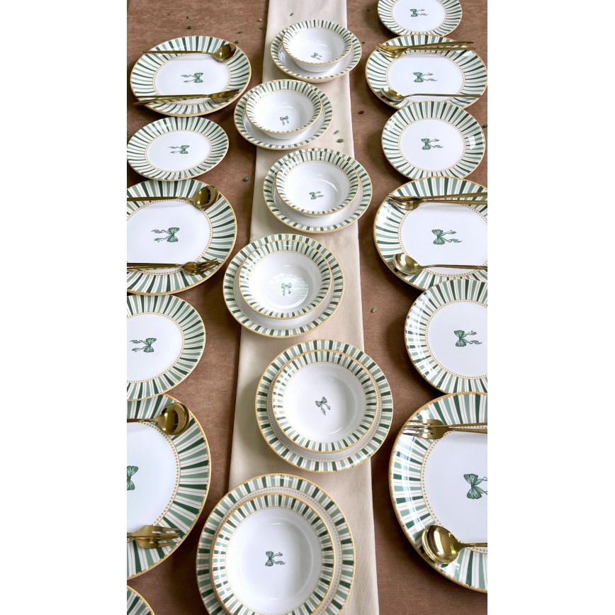 Servizio da tavola 24 pezzi, bianco/verde/oro, in ceramica