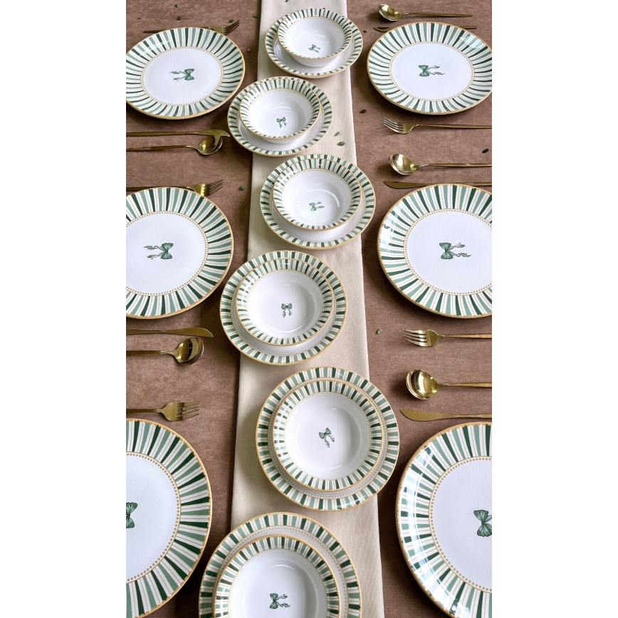 Servizio da tavola 24 pezzi, bianco/verde/oro, in ceramica