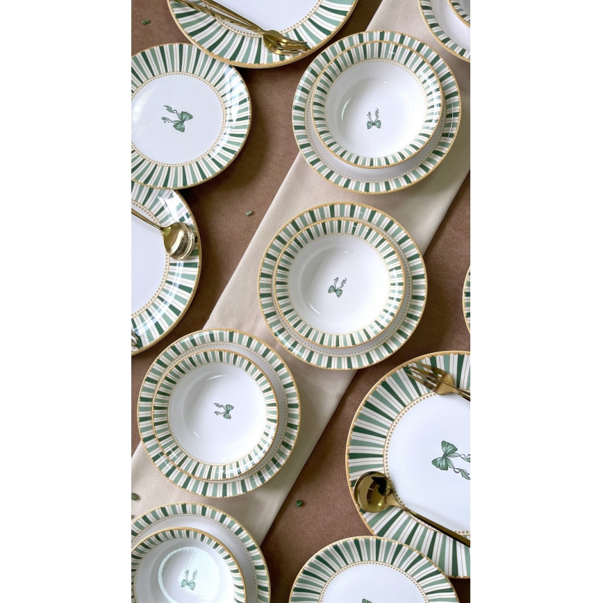 Servizio da tavola 24 pezzi, bianco/verde/oro, in ceramica