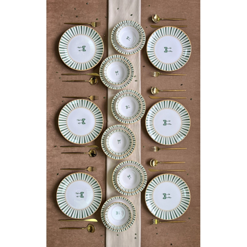 Servizio da tavola 24 pezzi, bianco/verde/oro, in ceramica