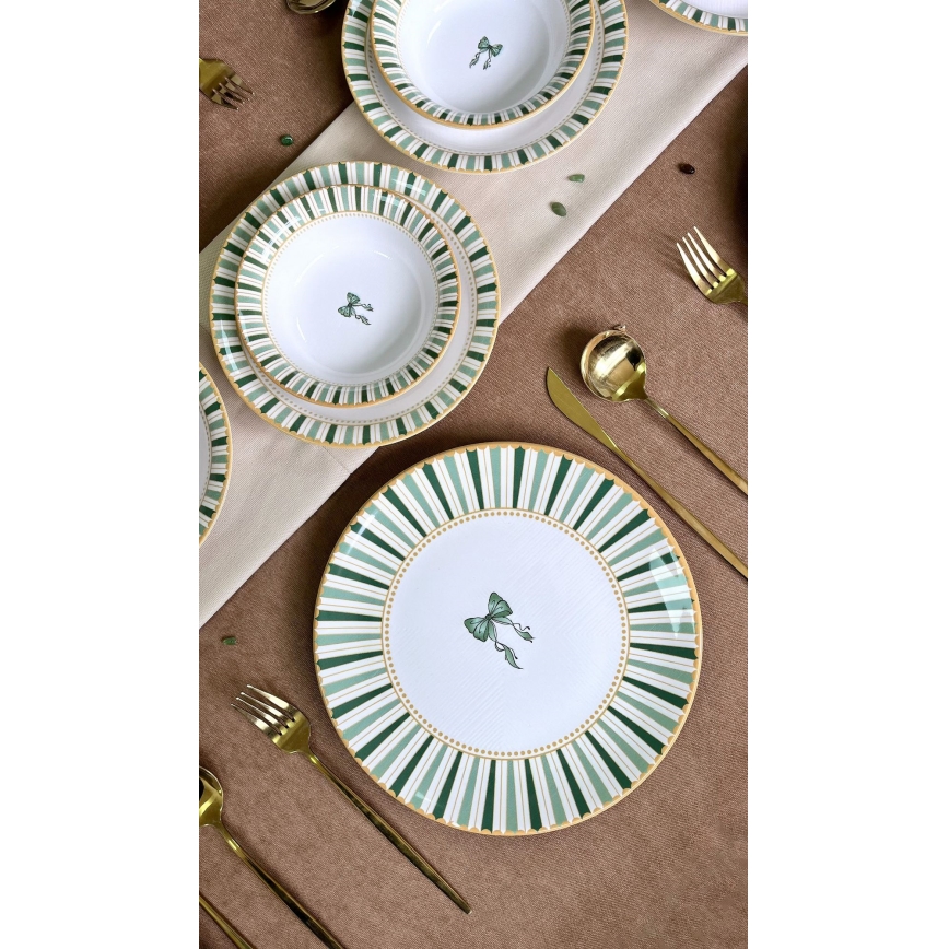 Servizio da tavola 24 pezzi, bianco/verde/oro, in ceramica