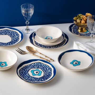 Servizio di piatti 24 pezzi in porcellana, bianco/blu/oro