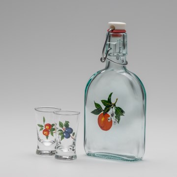 Set 1x bottiglia di vetro e 2x bicchiere per shot limpido con motivo di albicocca