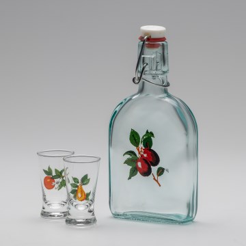 Set 1x bottiglia di vetro e 2x bicchiere per shot limpido con motivo di ciliegia