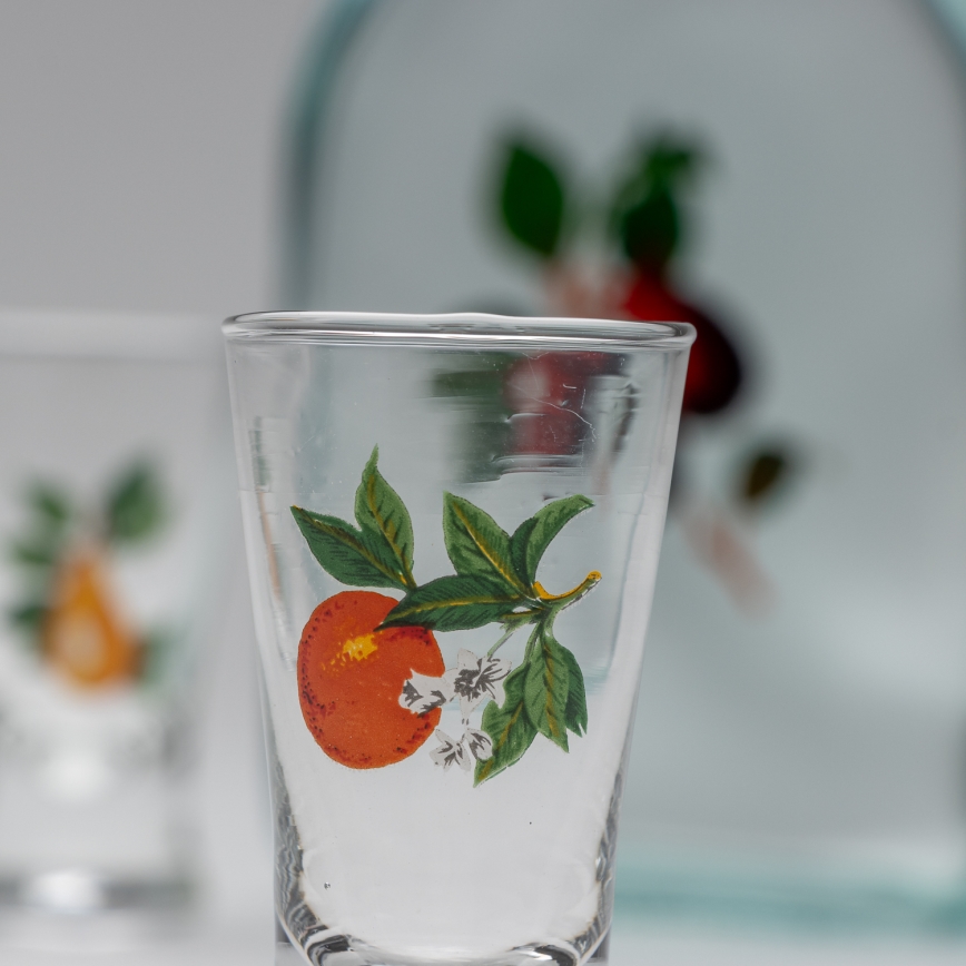 Set 1x bottiglia di vetro e 2x bicchiere per shot limpido con motivo di ciliegia