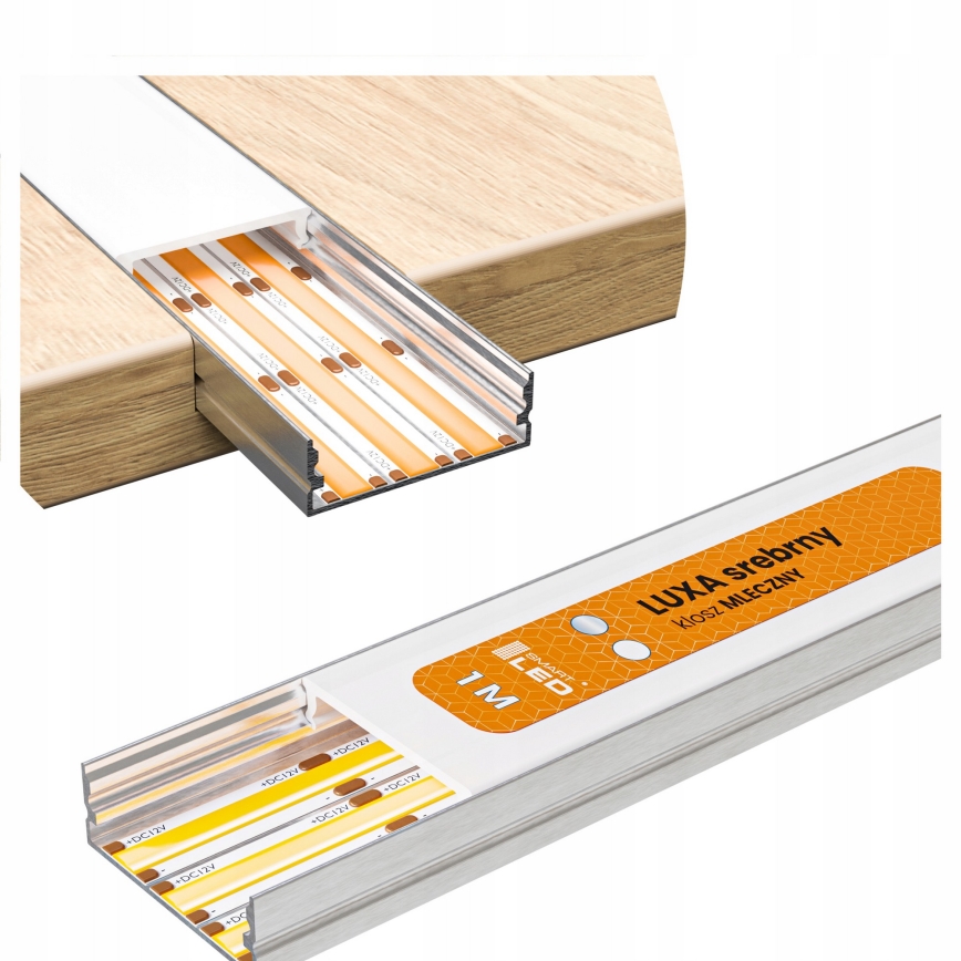 KIT 1x striscia LED con sensore di movimento FLEX LED/3,6 W/4xAA 2 m + 2x profili da incasso da 1 m argento/bianco