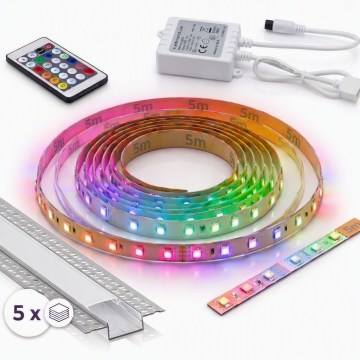 SET 1x striscia LED RGBW dimmerabile DIGITAL LED/16,5W/230V 5 m + 5x profili da incasso 1 m argento/bianco + telecomando