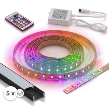 SET 1x striscia LED RGBW dimmerabile DIGITAL LED/16,5W/230V 5 m + 5x profilo da incasso 1 m nero/bianco + telecomando