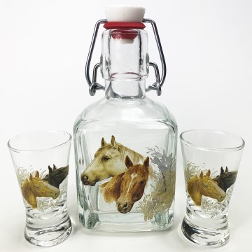 Set 1x vetro bottiglia e 2x bicchiere per shot limpido con motivo di cavallo