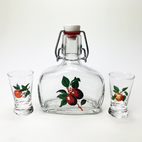 Set 1x vetro bottiglia e 2x bicchiere per shot limpido con motivo di frutta