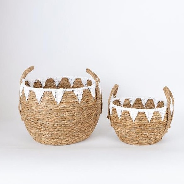 SET 2x Cestino di paglia beige/bianco 32x16,5x18/24x23,5x26 cm
