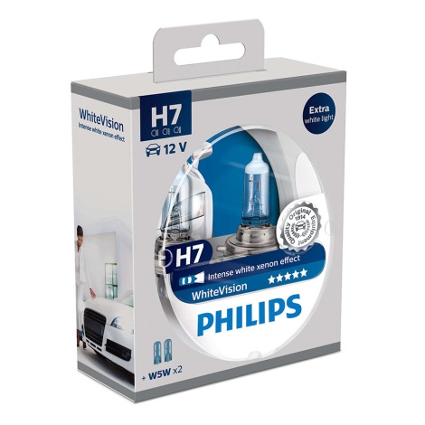 SET 2x Lampadina automobili Philips WHITEVISION 12972WHVSM H7 PX26d/55W/12V + 2 lampadine di posizione