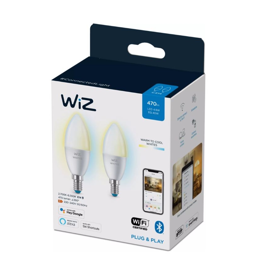 SET 2x Lampadina LED dimmerabile C37 E14/4,9W/230V 2700-6500K CRI 90 Wi-Fi - WiZ