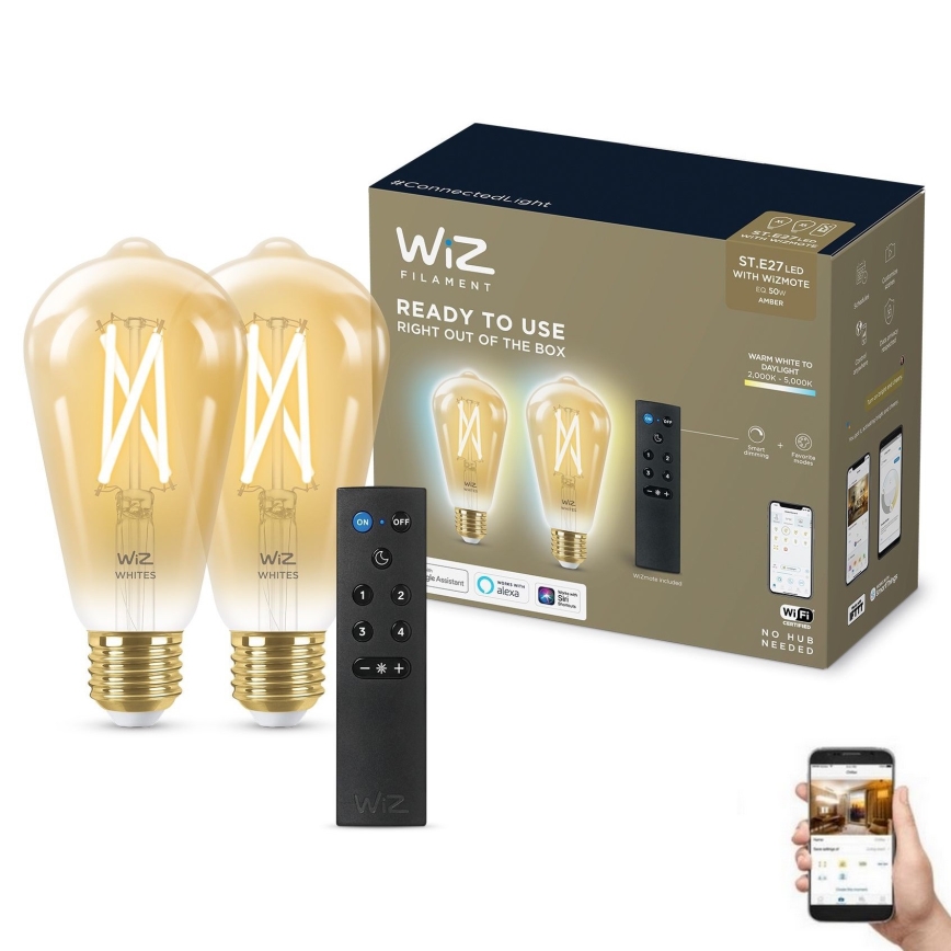 SET 2x Lampadina LED dimmerabile ST64 E27/7W/230V 2000-5000K CRI 90 Wi-Fi + telecomando - WiZ