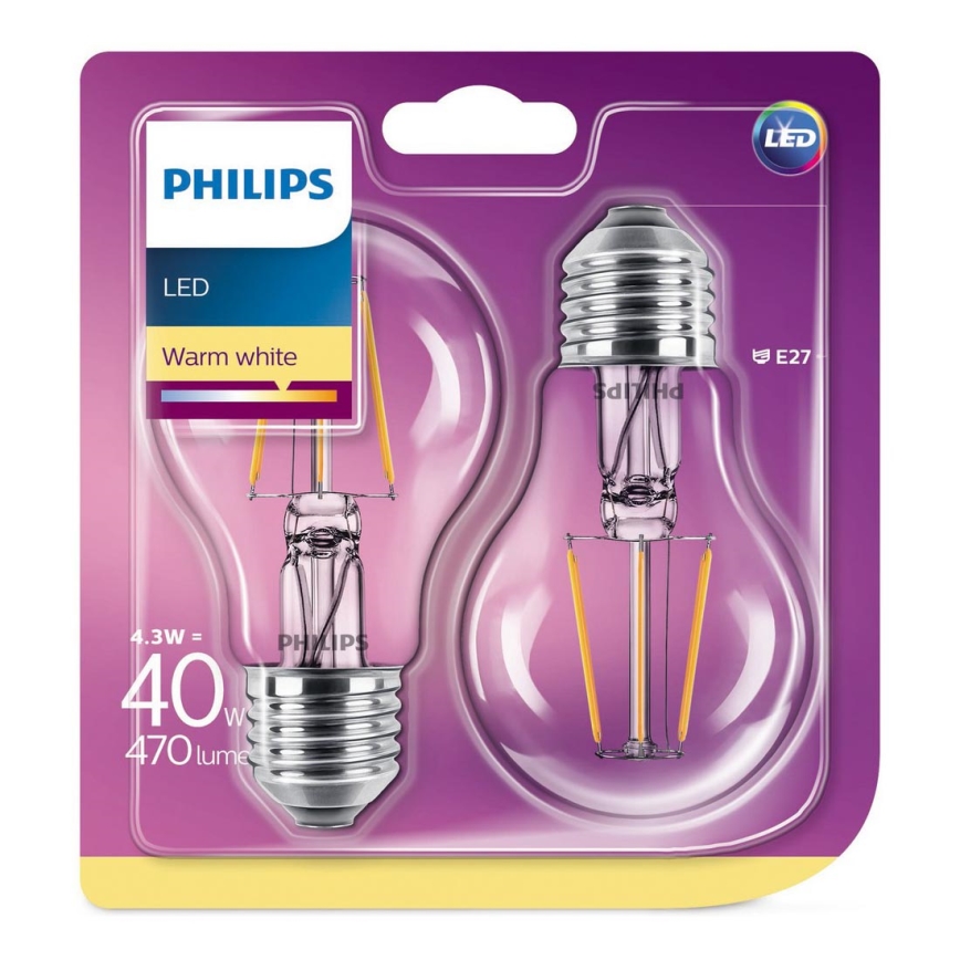 SET 2x Lampadina LED Philips E27/4,3W/230V 2700K