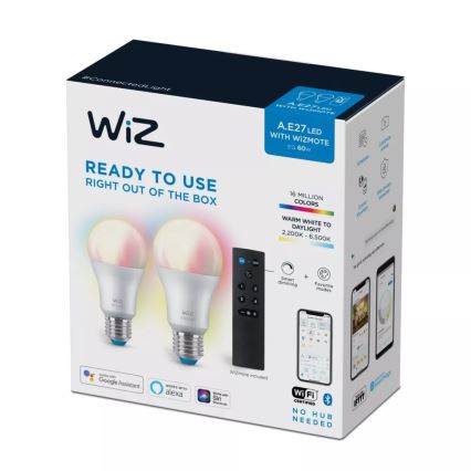 SET 2x Lampadina LED RGBW dimmerabile A60 E27/8,5W/230V 2200-6500K Wi-Fi + telecomando - WiZ