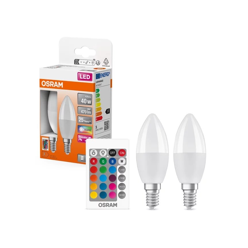 SET 2x Lampadina LED RGBW dimmerabile B38 E14/4,9W/230V 2700K + telecomando - Osram