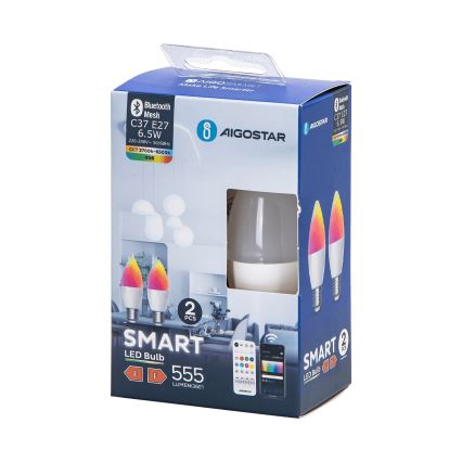 SET 2x Lampadina LED RGBW dimmerabile MESH Smart C37 E27/6,5W/230V 2700-6500K + telecomando - Aigostar