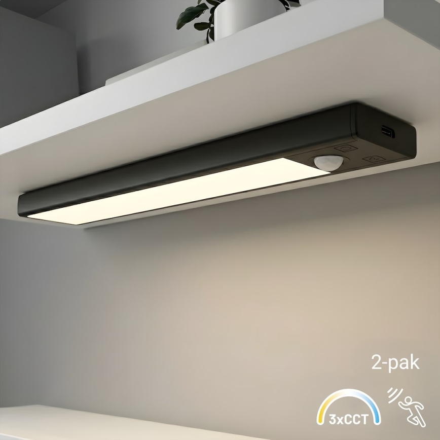 Confezione da 2 lampade LED ricaricabili per mobili con sensore di movimento e di crepuscolo VIRO LED/1W/3,7V 800 mAh 3000/4000/6500K 20 cm nero