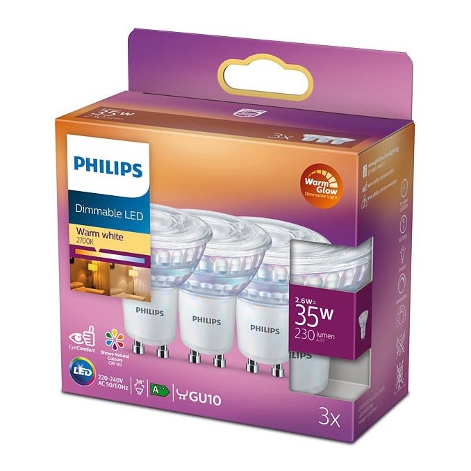 SET 3 lampadine LED dimmerabili Philips Warm Glow GU10/2,6W/230V 2200-2700K CRI 90