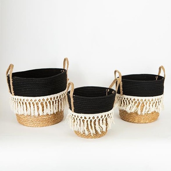 SET 3x Cestino di paglia beige/nero/bianco 25x17x23/28x22x25/35x28x30 cm