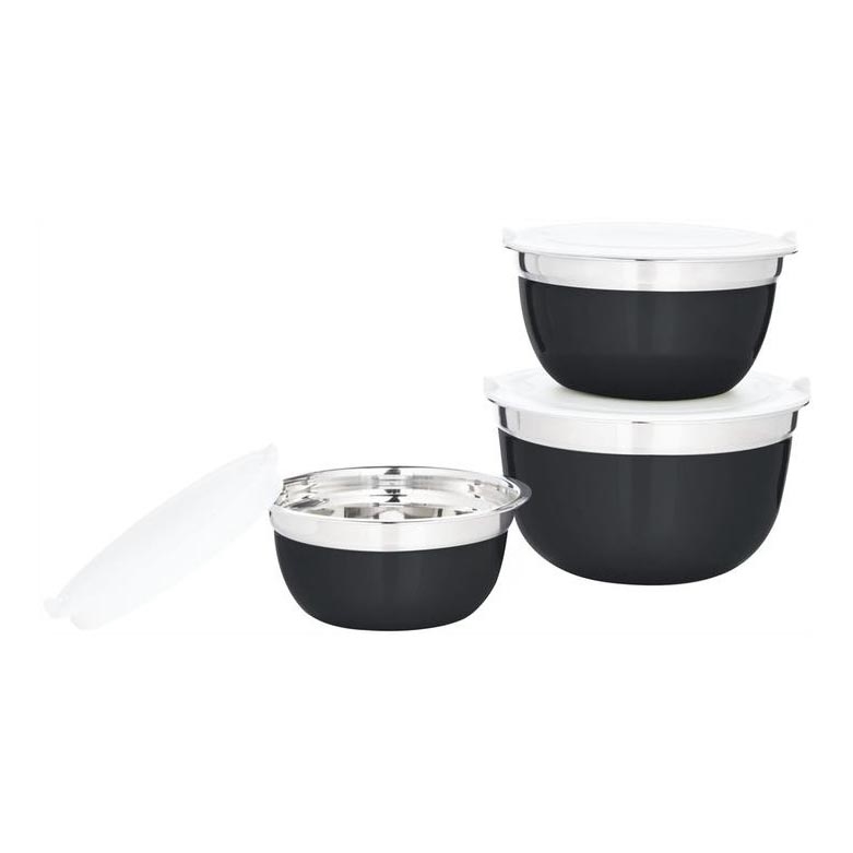 SET 3x Ciotola con coperchio nero/acciaio inossidabile