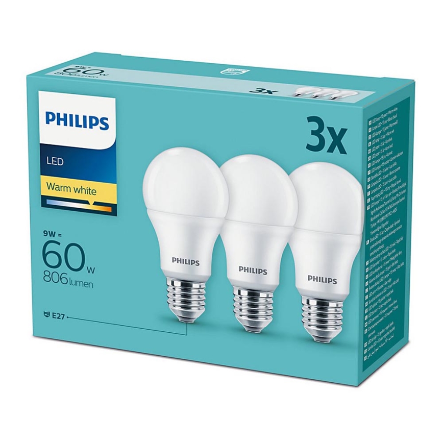 SET 3x Lampadina LED Philips E27/9W/230V 2700K