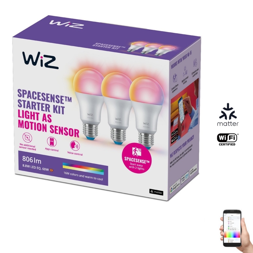 SET 3x Lampadina LED RGBW dimmerabile A60 E27/8,8W/230V 2200-6500K Wi-Fi - WiZ