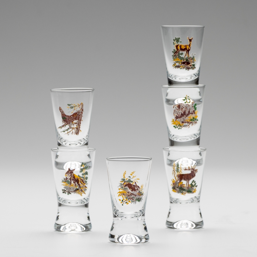 Set 6x bicchiere da liquore con un motivo di caccia