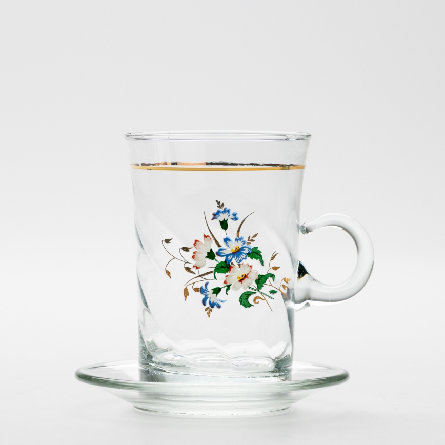 Set 6x tazza di vetro con piattino e 1x zuccheriera limpido bouquet no 3