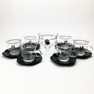 Set 6x tazza di vetro con piattino e 1x zuccheriera limpido