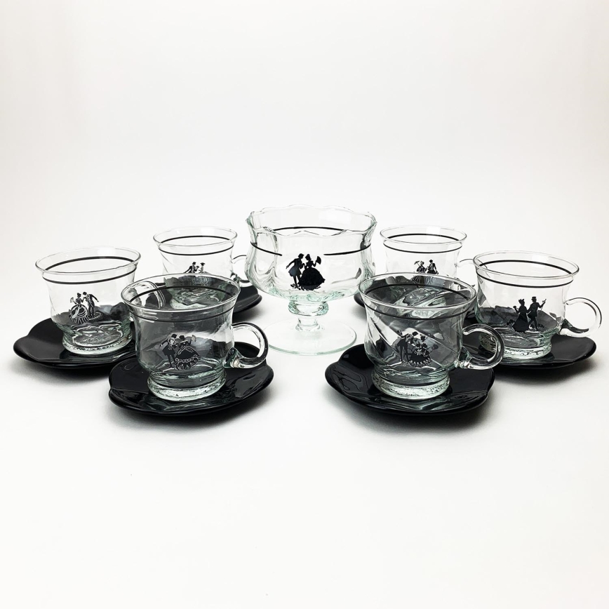 Set 6x tazza di vetro con piattino e 1x zuccheriera limpido