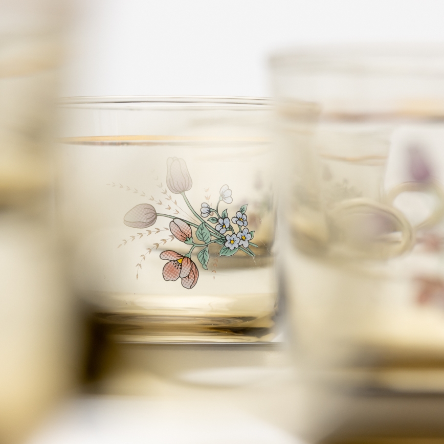 Set 6x tazza di vetro con piattino fumé bouquet n.4