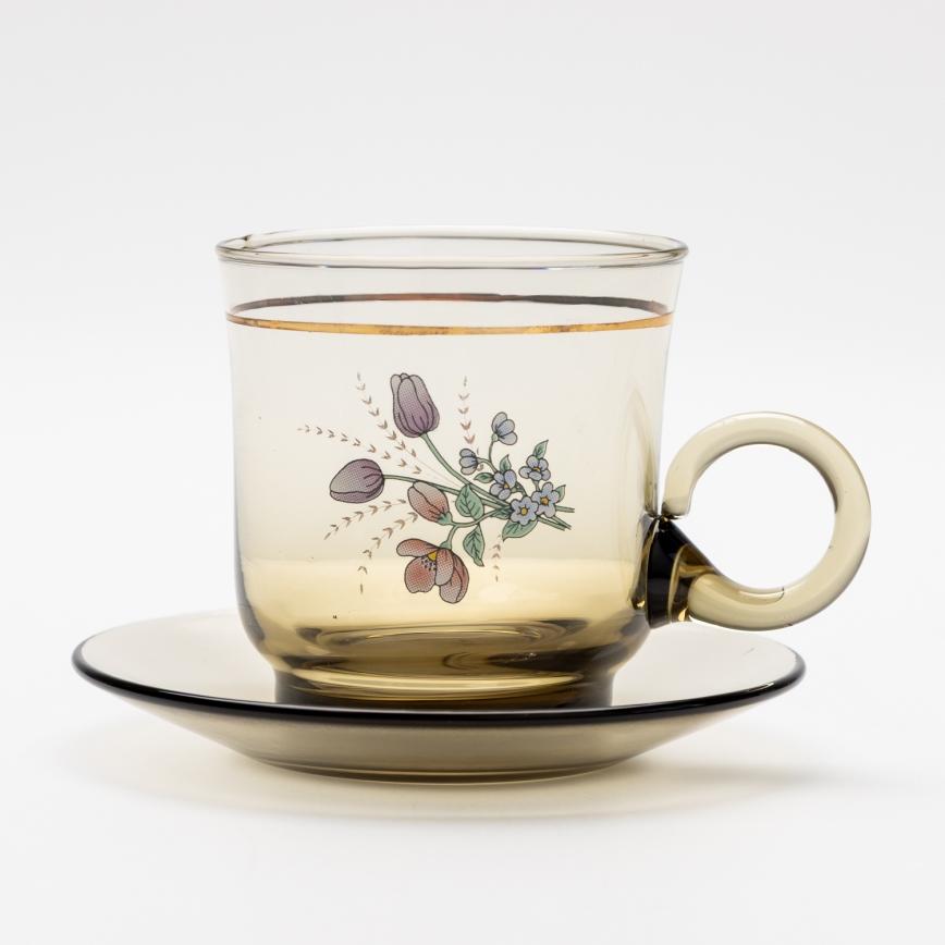Set 6x tazza di vetro con piattino fumé bouquet n.4