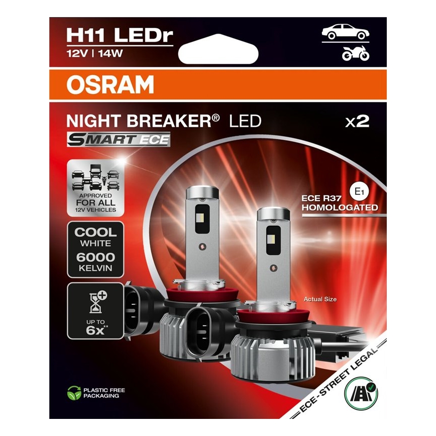 Set da 2 lampade LED per auto NIGHT BREAKER SMART H11 PGJ19-2/14W/12V 6000K - Osram