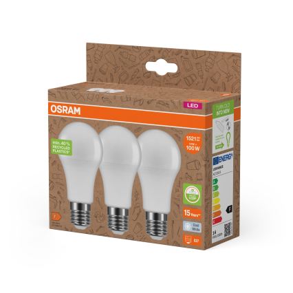 Set da 3 lampadine LED in plastica riciclata A100 E27/14W/230V 4000K - Osram