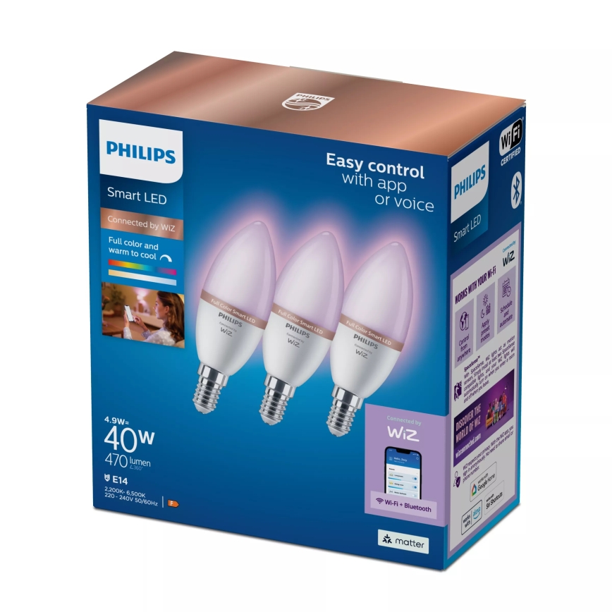 Set da 3 lampadine LED RGB dimmerabili Philips SMART C37 E14/4,9W/230V 2200-6500K CRI 90