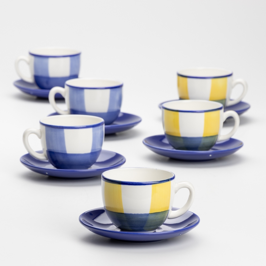 Set da caffè 6x tazza ceramica Tereza con piattino bianco blu giallo