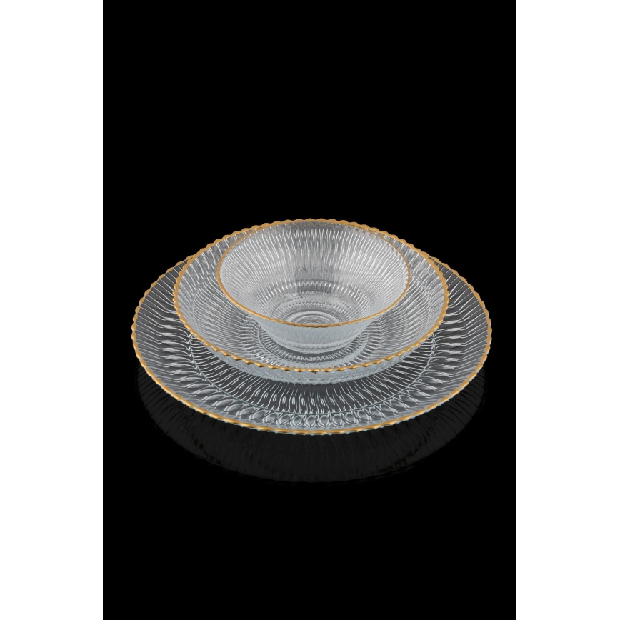 Set da tavola 12 pezzi in vetro trasparente con finitura dorata