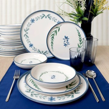 Set da tavola 18 pezzi, bianco/blu/verde, in ceramica
